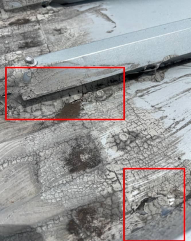 Flashing over roof rib with failed sealant, marked in red